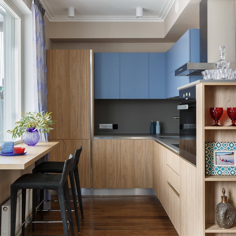 Blauwe van de de Korrelkleur van de Lakkeukenkast Houten Vrije die het Handvatkeuken met Countertop wordt geplaatst
