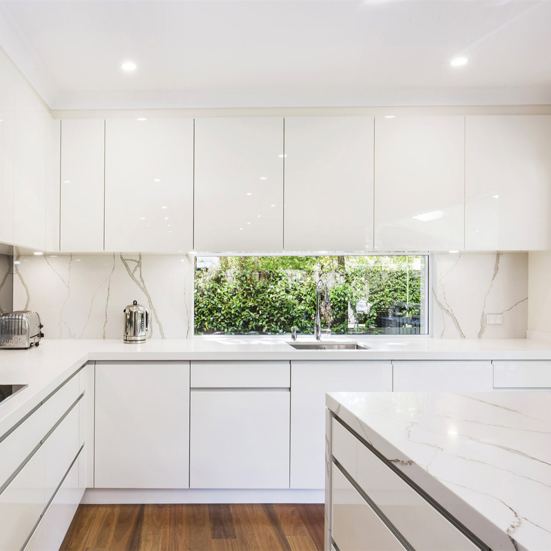 Hoogglans witte lak keukenkast L-vorm met eiland georganiseerd Lazy Susan