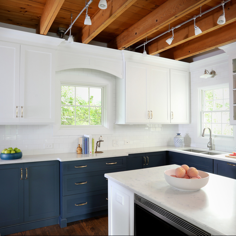 U Keukenkasten van Shaker Kitchen Cabinets Blue Base van de Vorm de Moderne Stijl Marineblauwe en Witte met Countertop
