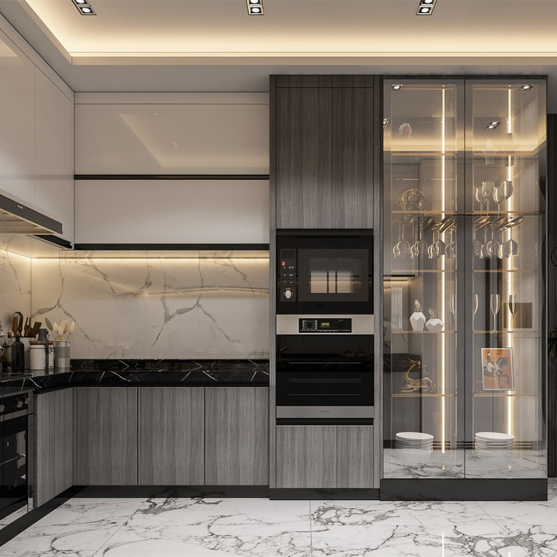 Van de het Glaskeuken van de luxehoek de Vertoningskabinetten Klaar om de Moderne Storge-Keuken van Lakkabinetten te assembleren